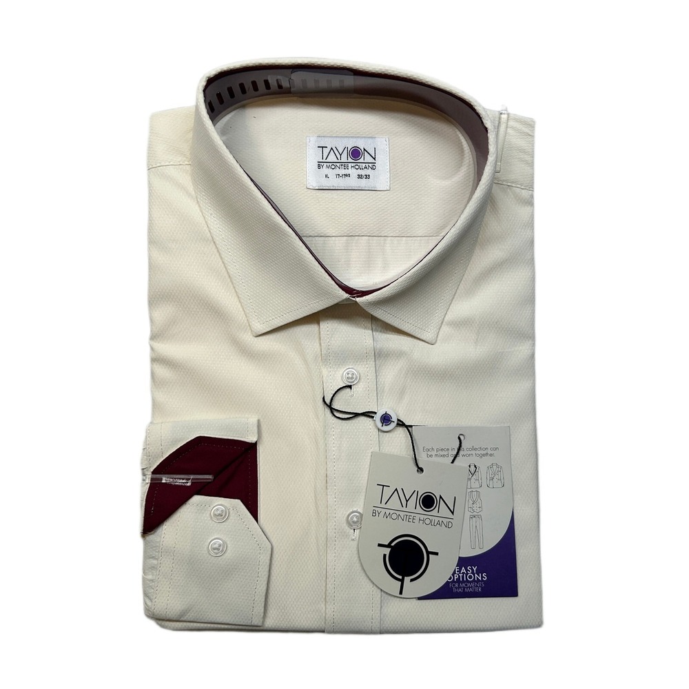 Tayion Slim-Fit Trim Dress Shirt Mens XL 17-17.5 32/33‎ Cream Crimson Red $60